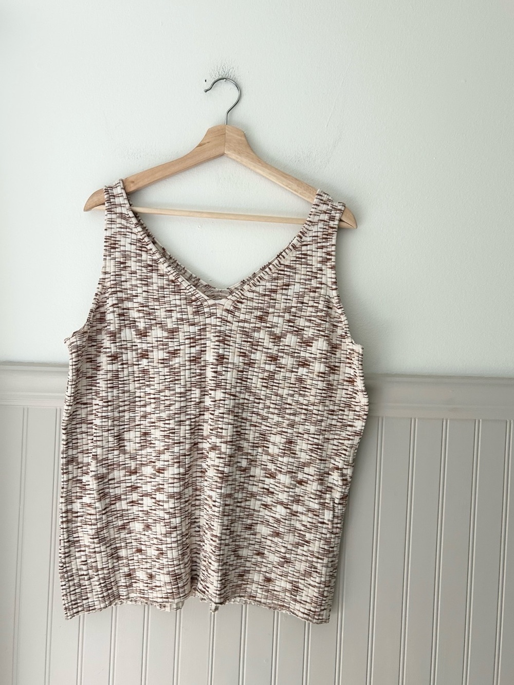 Nine West Cream & Brown Space Dye V-Neck Knit Tank Top XXL Rayon Blend
